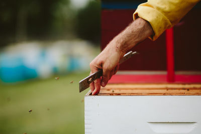 Beekeeper working over beehive at farm