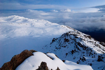 Scenic view of snowcapped mountains against sky