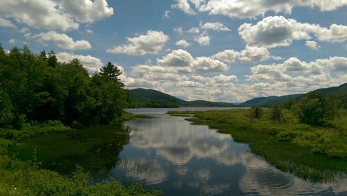 Scenic view of lake against cloudy sky