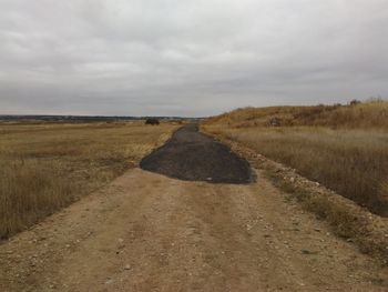 Surface level of agricultural field against cloudy sky