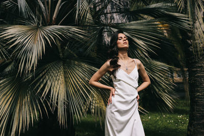 Elegant sensual woman brunette bride in a silk wedding dress posing among palm trees in the park