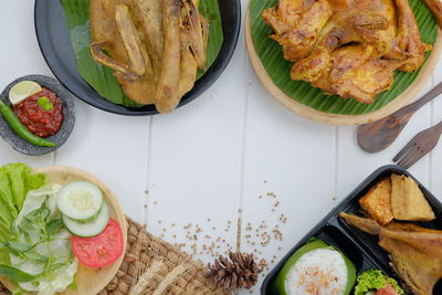 High angle view of food served on table