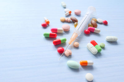 High angle view of candies on table