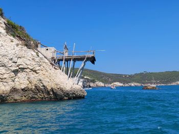 Scenic view of sea against clear blue sky