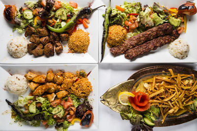 High angle view of food served on table