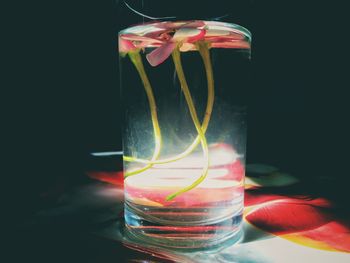 Close-up of glass bottle against black background