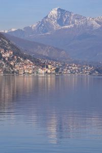 Scenic view of lake by mountains against sky