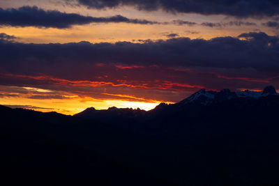 Scenic view of silhouette mountains against sky at sunset