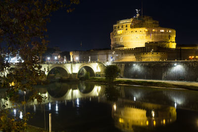 Reflection of illuminated buildings in water at night