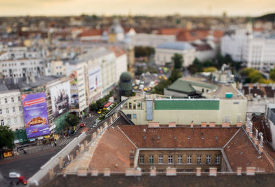 High angle view of street and buildings in city