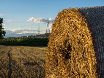 Hay bales on field against sky