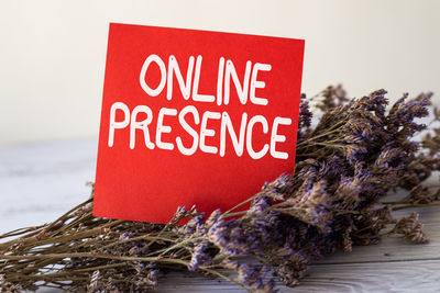 Close-up of red text on plant