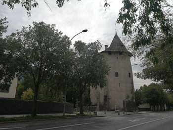 Road by trees and buildings against sky