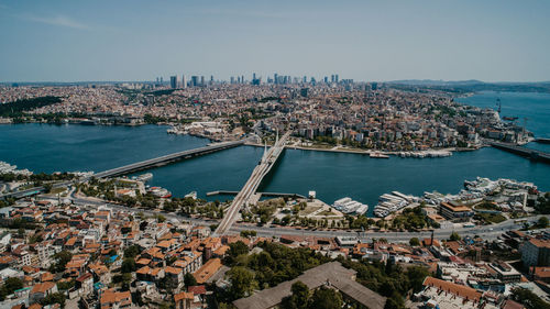 High angle view of city buildings