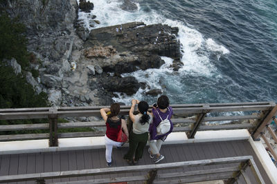 High angle view of women on footbridge 