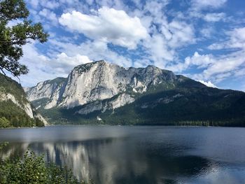 Scenic view of lake and mountains against sky