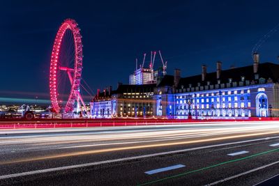 Light trails on road at night