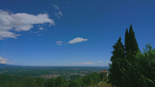 Panoramic view of trees and cityscape against blue sky