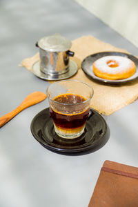 High angle view of coffee on table