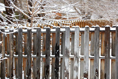 Close-up of icicles on fence during winter