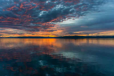 Scenic view of sea against dramatic sky during sunset