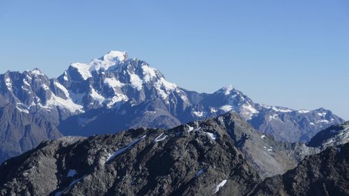 Scenic view of snowcapped mountains against clear sky