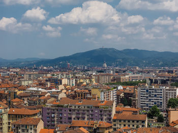 High angle shot of townscape against sky