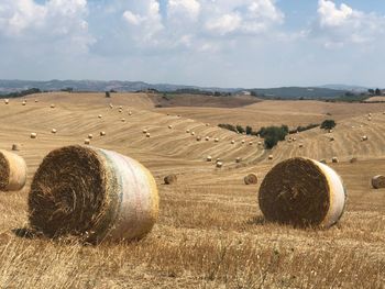 Hay bales on field against sky