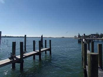 Scenic view of jetty in sea against clear sky