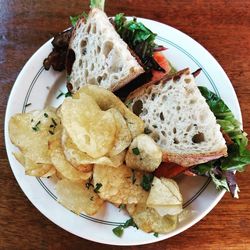 High angle view of food in plate on table