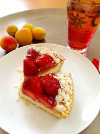 High angle view of dessert in plate on table