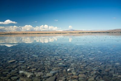 Scenic view of lake against blue sky