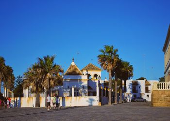 People by palm trees and buildings against clear blue sky