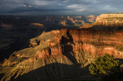 Scenic view of rock formations against cloudy sky