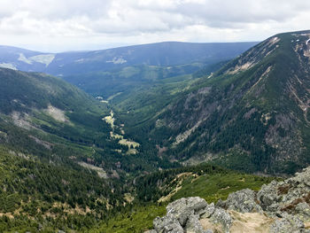 Scenic view of mountains against cloudy sky