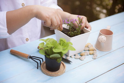 Midsection of woman preparing food on cutting board