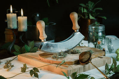 Close-up of various objects on table