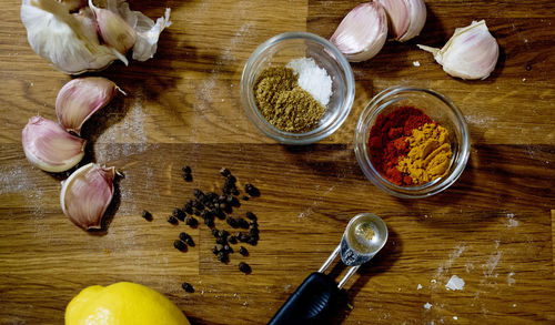 High angle view of raw food on table