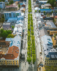 High angle view of street amidst buildings in city