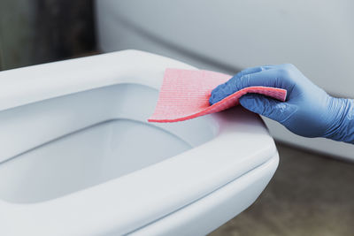 Close-up of dentures in bathroom