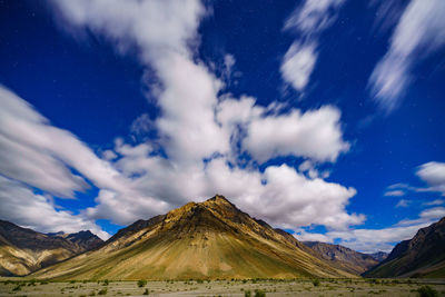 Scenic view of snowcapped mountains against cloudy sky