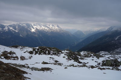 Scenic view of snow covered mountains against sky
