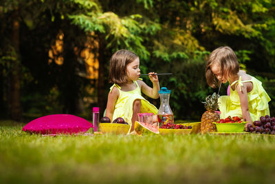 Cute siblings having food and drink in park