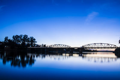 Reflection of bridge on water against blue sky