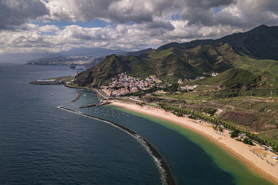 Panoramic view of sea and mountains against sky