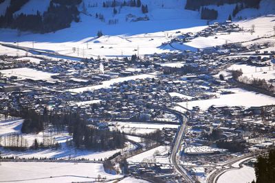 Roofs of winter mountain village in austrian alps
