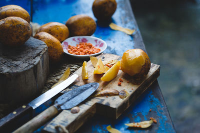 High angle view of fresh ambarellas on table