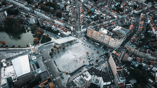 High angle view of crowd on city street during winter