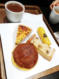 High angle view of breakfast on table