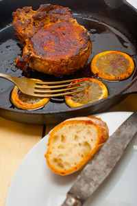 High angle view of food in plate on table